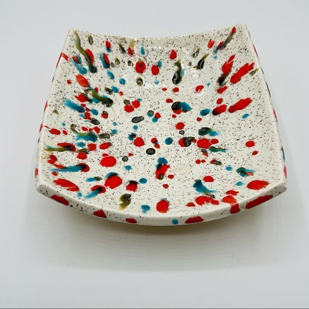 Vintage Handmade Speckled Red Blue Ceramic square Bowl